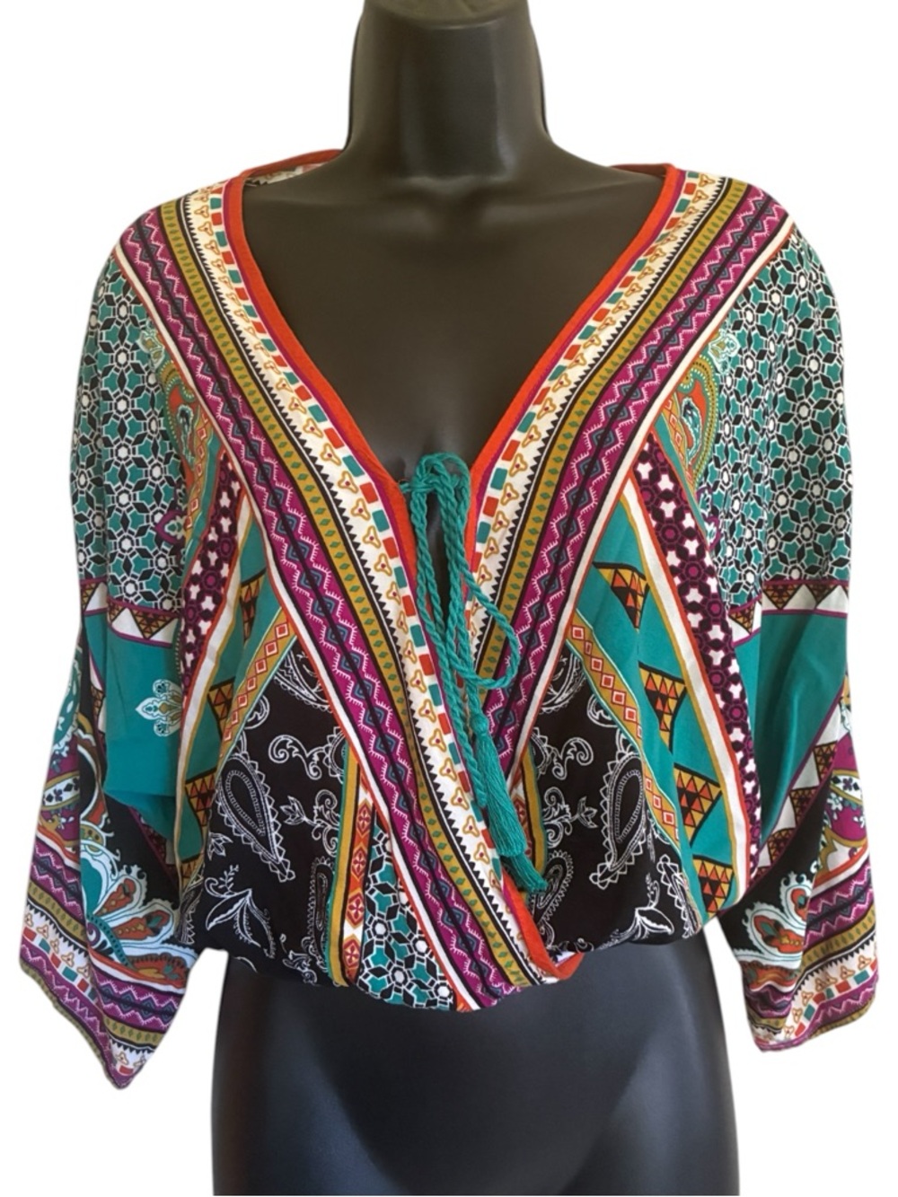 Flying Tomato Colorful V-Neck Boho Tunic with Tassel Tie Size M